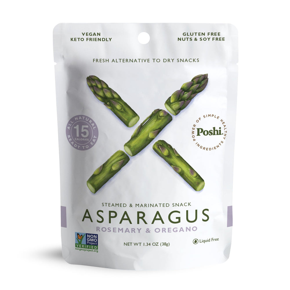 POSHI marinated asparagus cuts snack pack with rosemary and oregano, ready for on-the-go snacking.