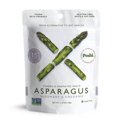 POSHI marinated asparagus cuts snack pack with rosemary and oregano, ready for on-the-go snacking.