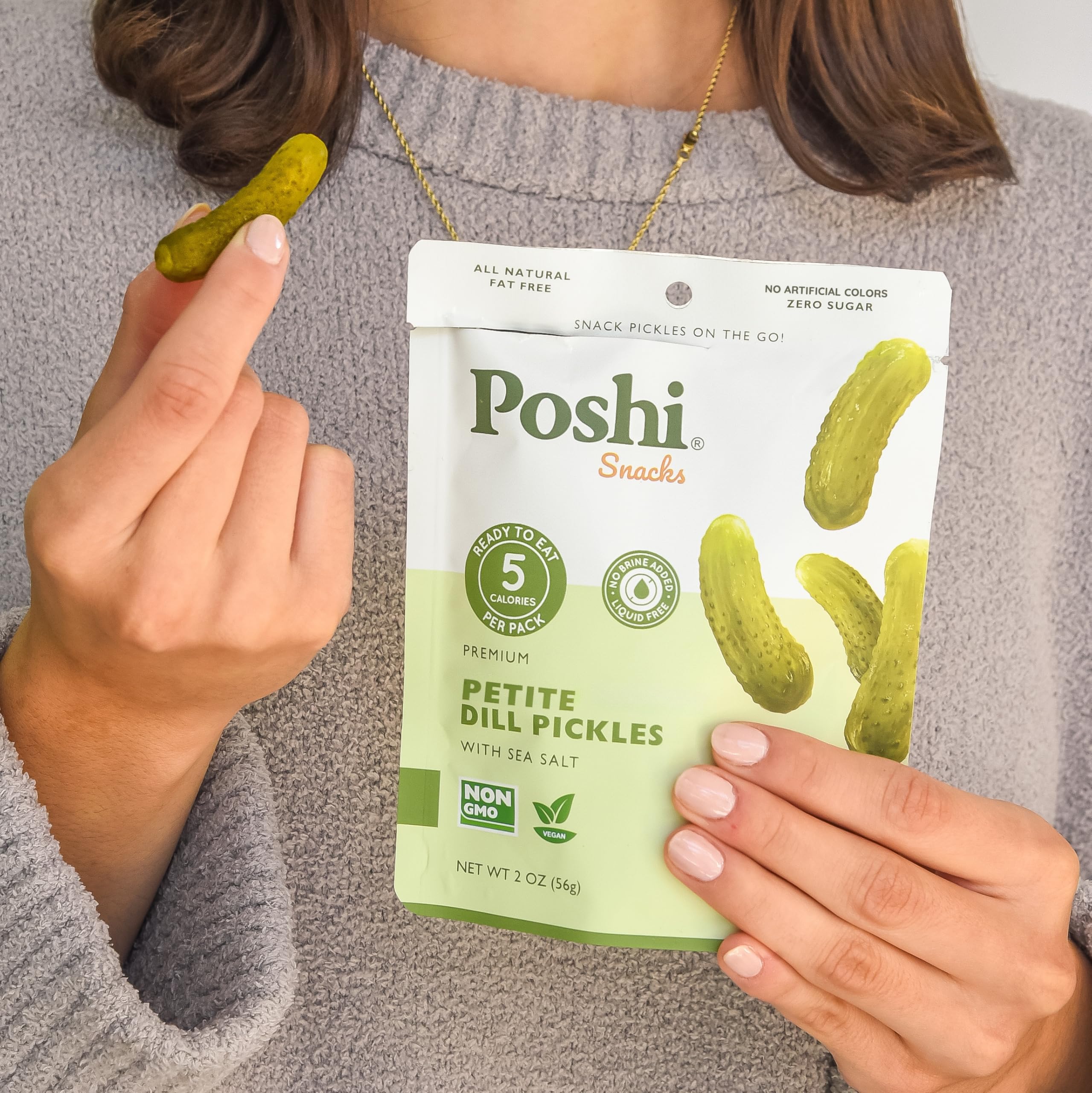 Poshi Petite Dill Pickles light packaging for easy carrying