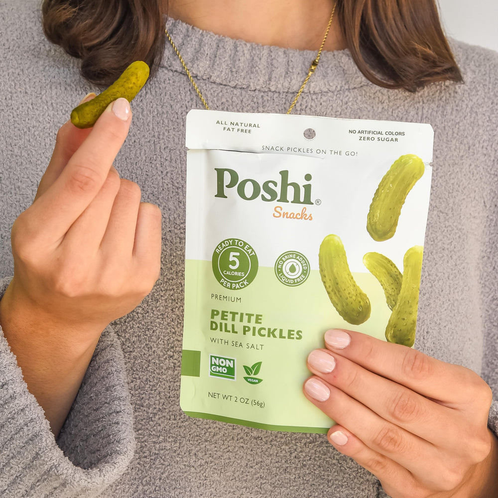 Poshi Petite Dill Pickles light packaging for easy carrying