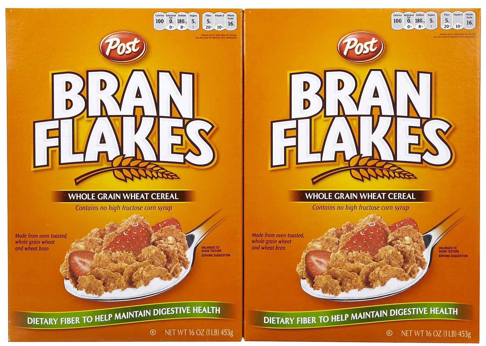 Post Bran Flakes 16oz 2pk box front, classic breakfast cereal for busy mornings