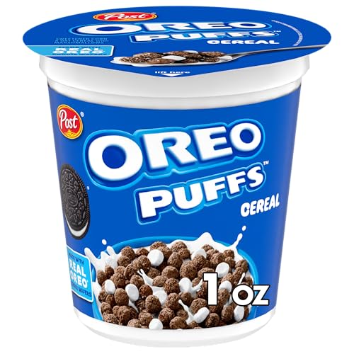 Hand holding a Post Oreo Puff Cereal Cup for on-the-go snacking