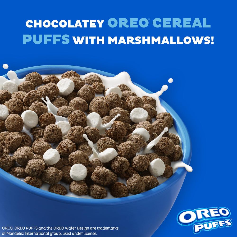 Compact 10 oz box packaging of Post Oreo Puffs for convenient storage.