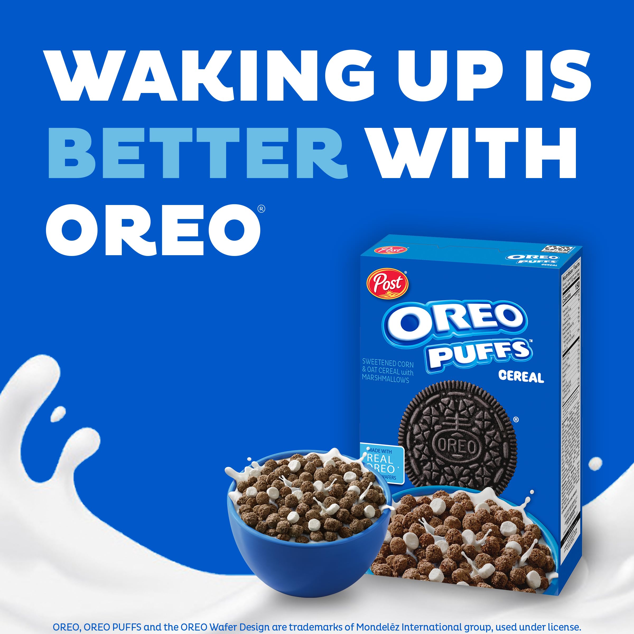 Family-friendly bowl of Post Oreo Puffs ready to serve at breakfast.