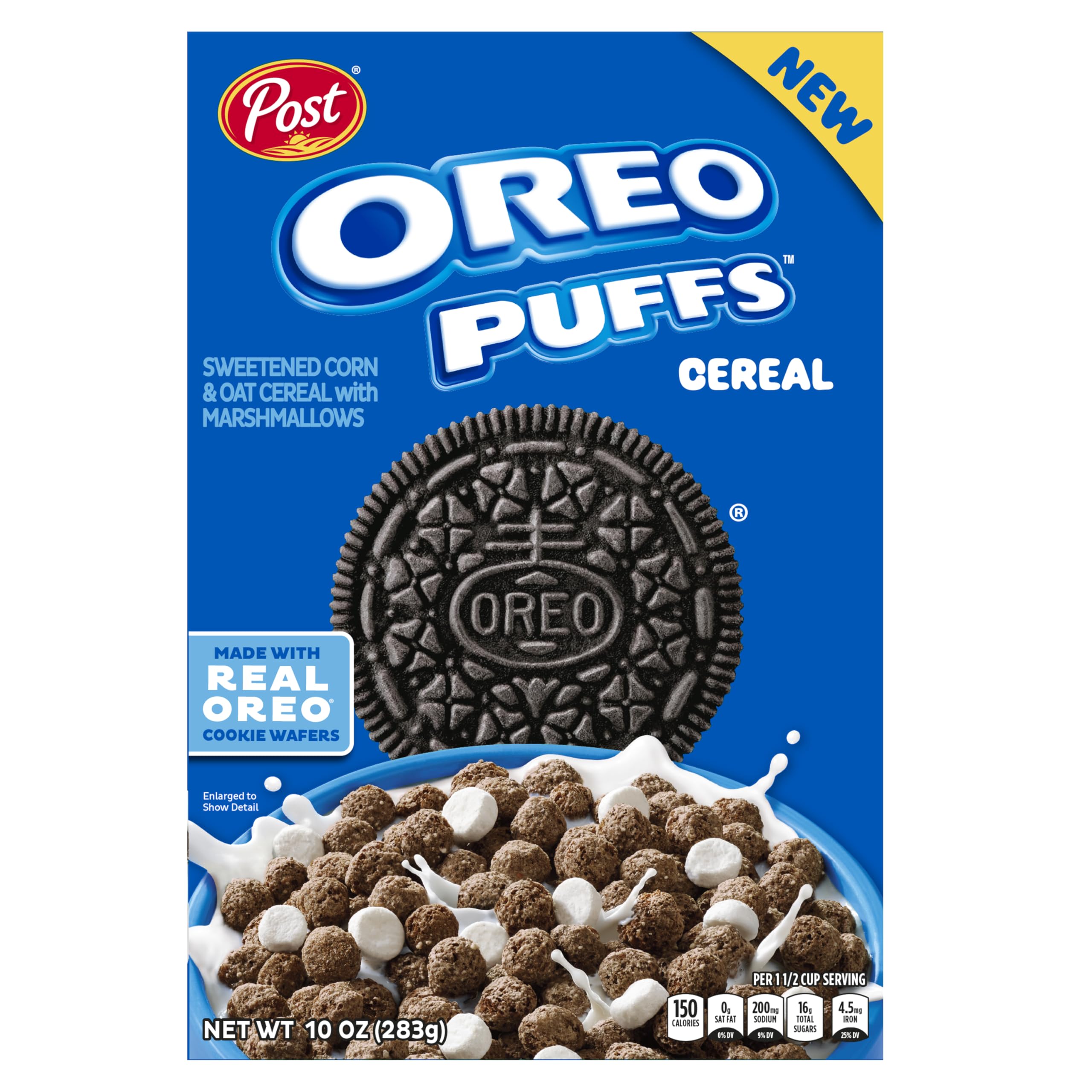 Post Oreo Puffs breakfast cereal puffs in a bowl with milk for a chocolatey start.