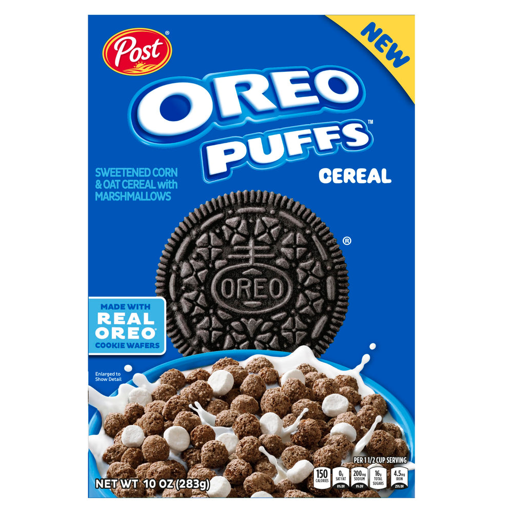Post Oreo Puffs breakfast cereal puffs in a bowl with milk for a chocolatey start.