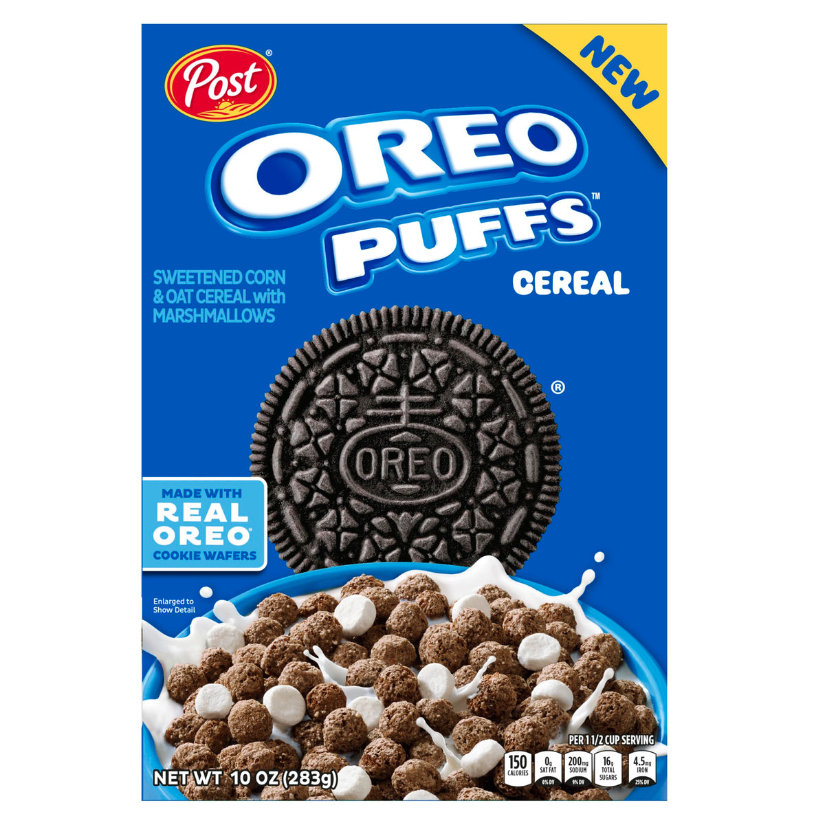Post Oreo Puffs breakfast cereal puffs in a bowl with milk for a chocolatey start.