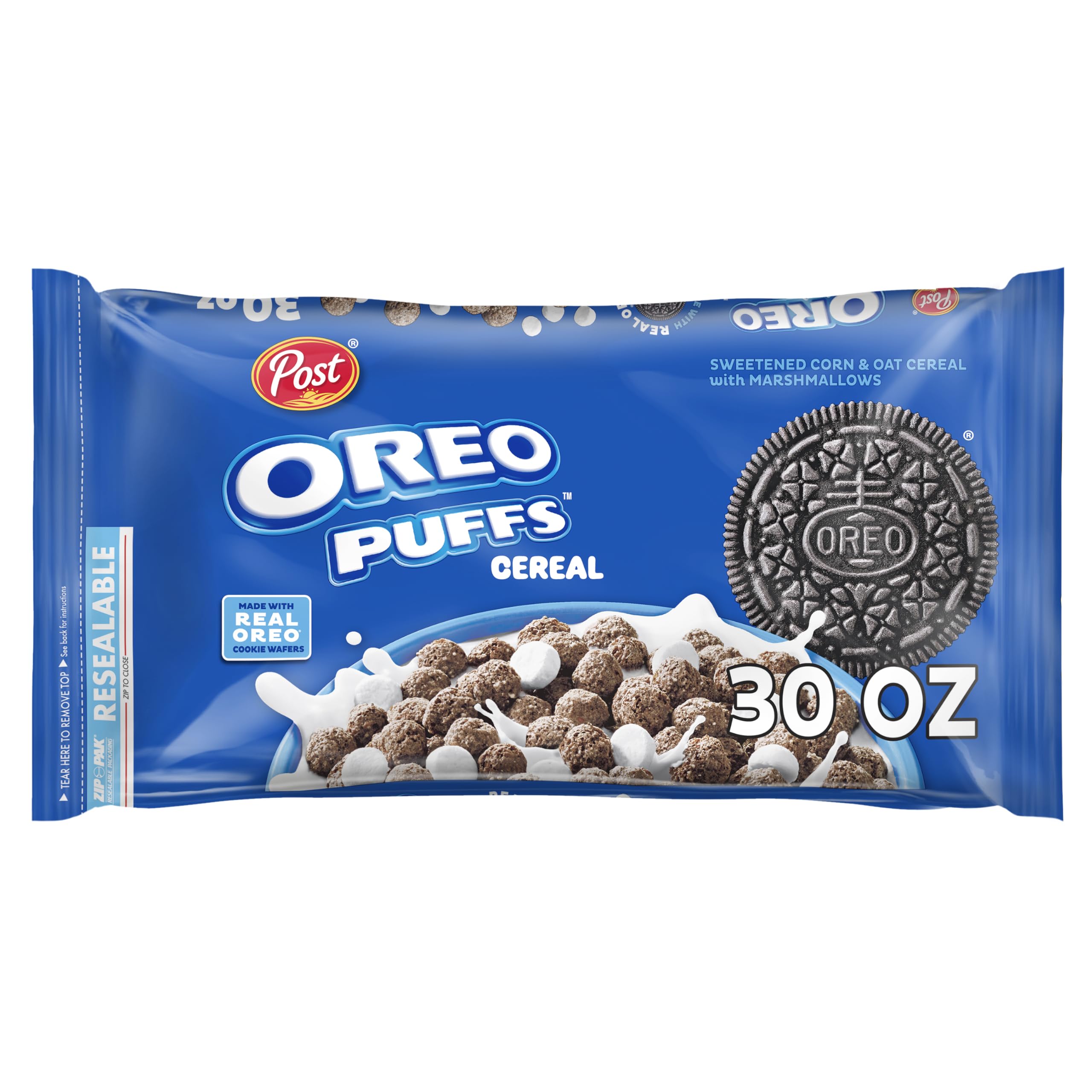 Post OREO PUFFS Cereal bag front for quick breakfast