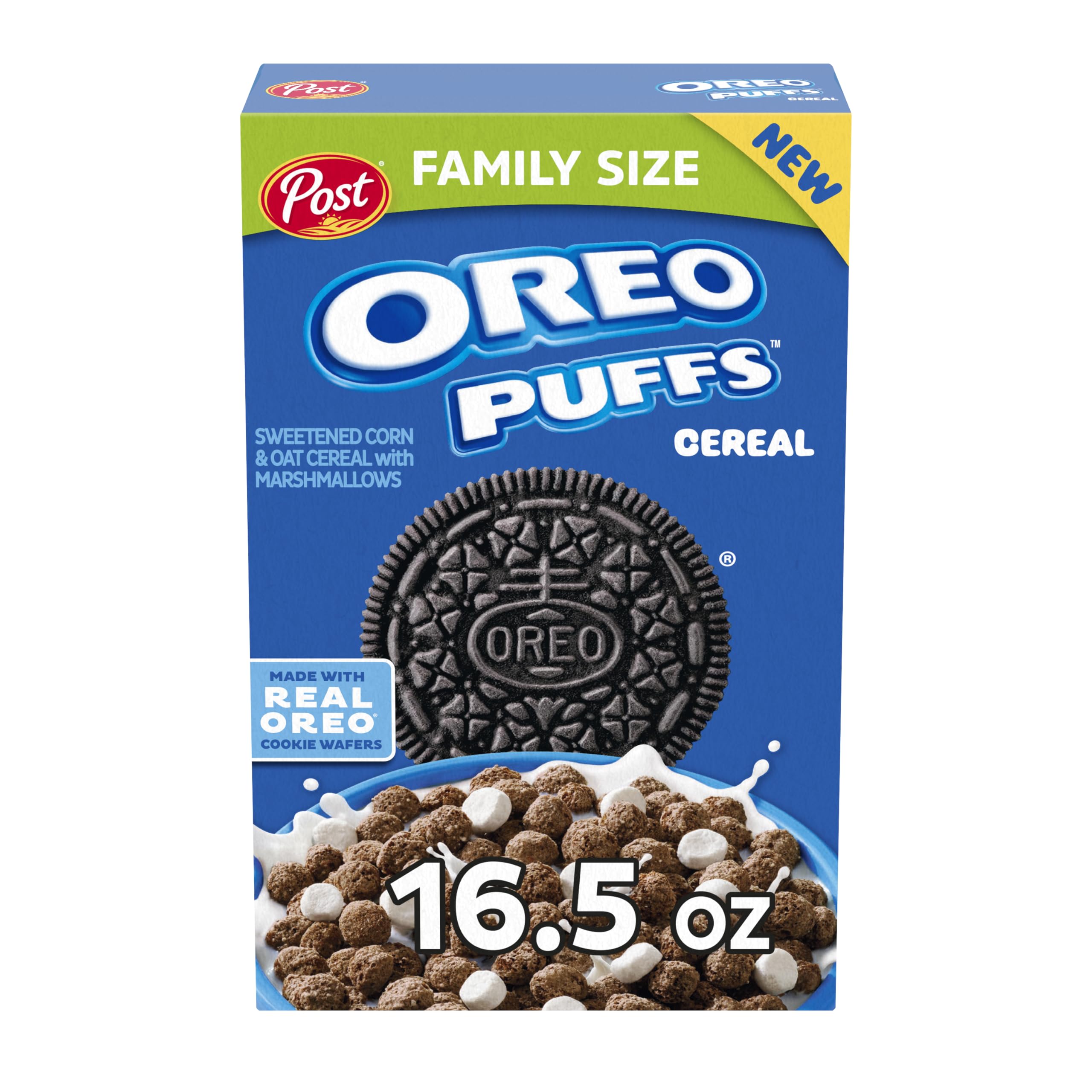 Post OREO PUFFS Cereal bowl with milk, a chocolatey breakfast staple.