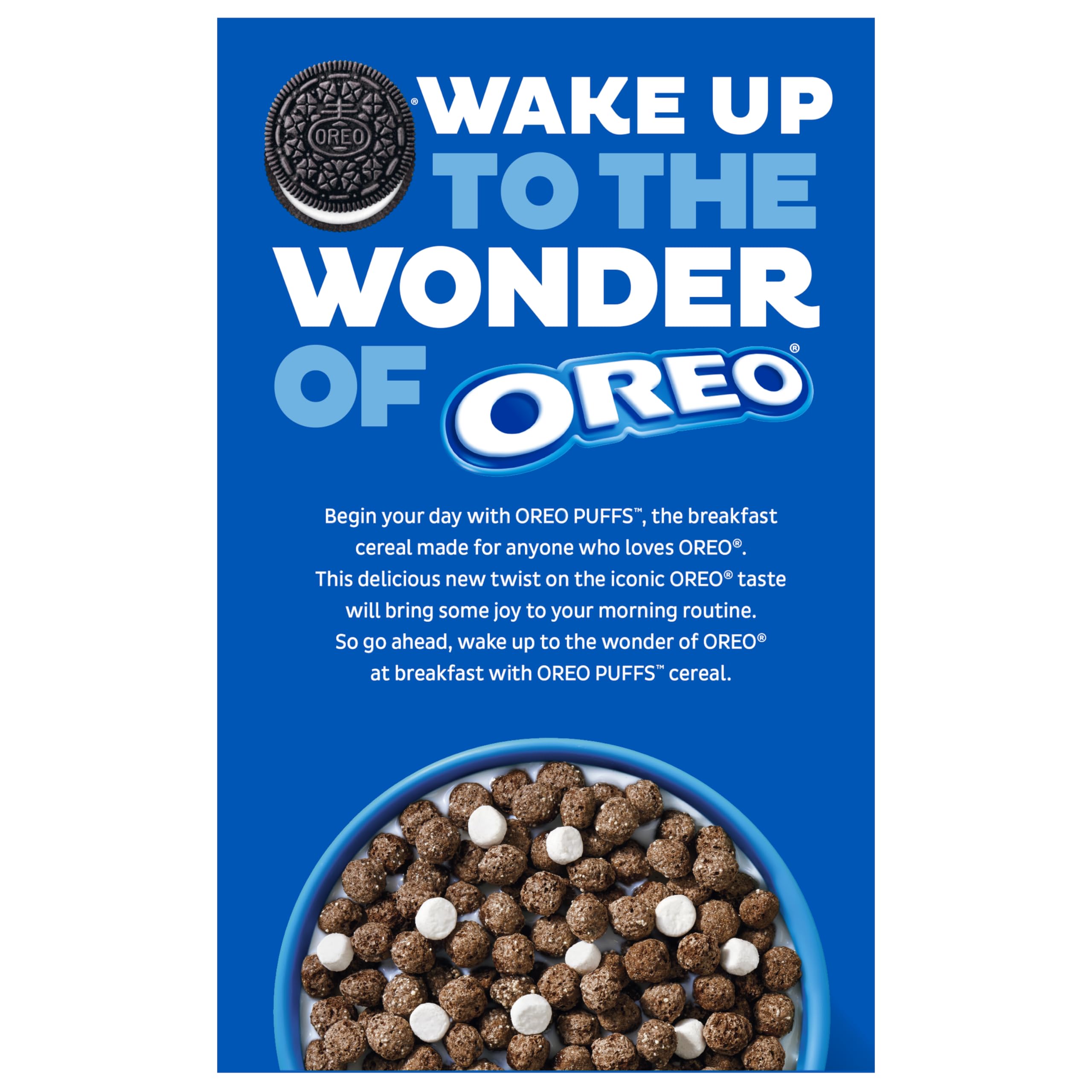Post OREO PUFFS Cereal box front showcasing the 16.5 oz size.