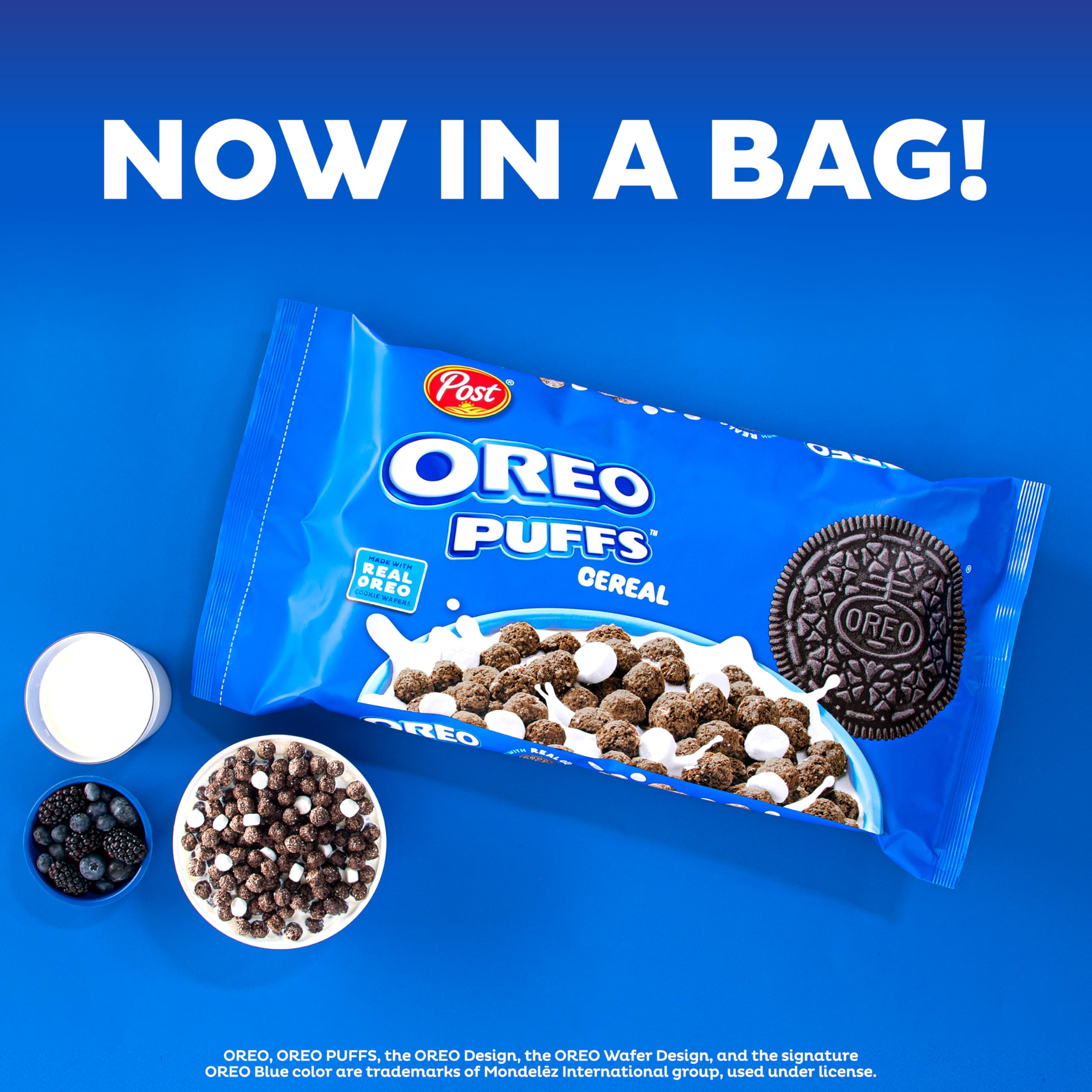 Post OREO PUFFS Cereal milk being poured into bowl