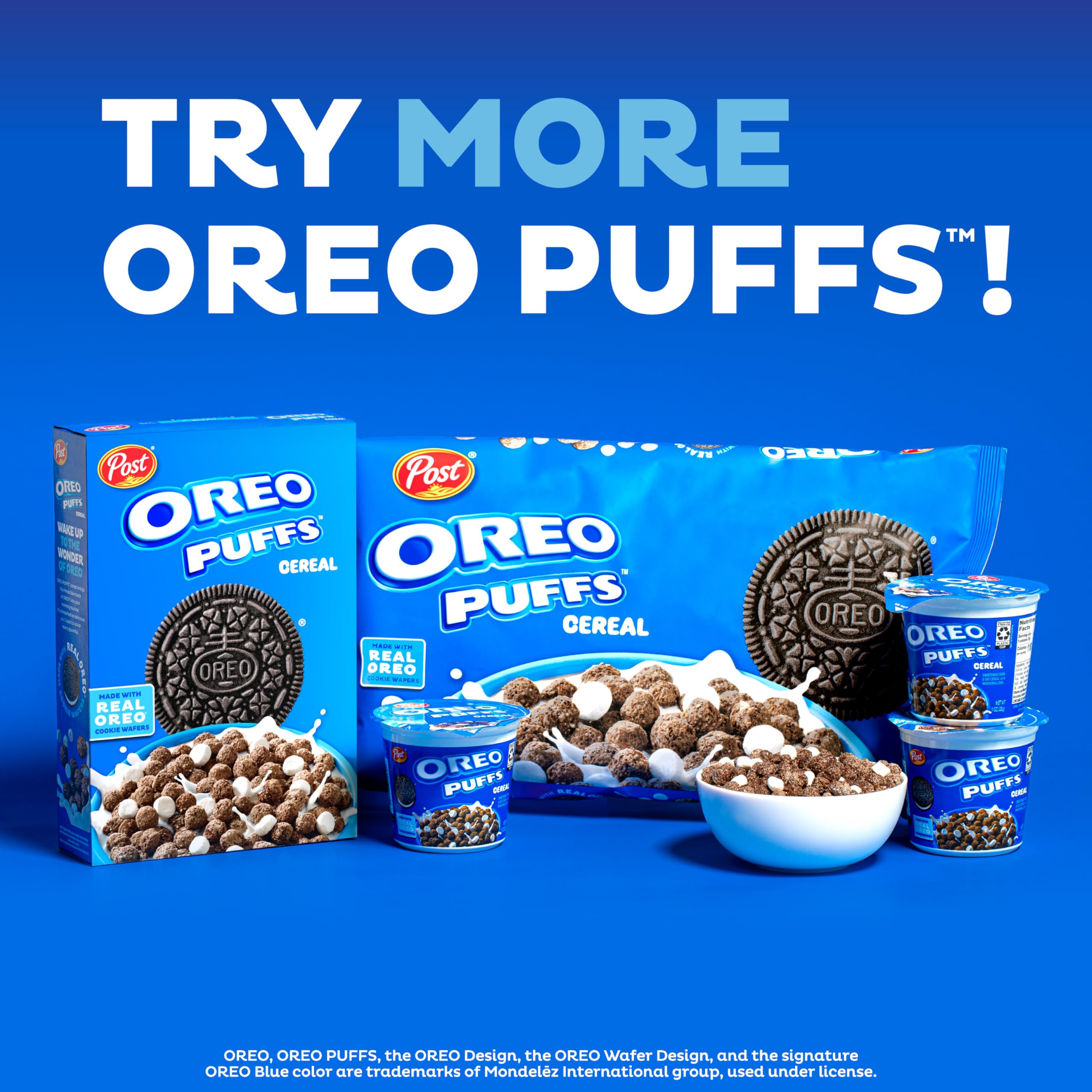 Post OREO PUFFS Cereal packaging on shelf display