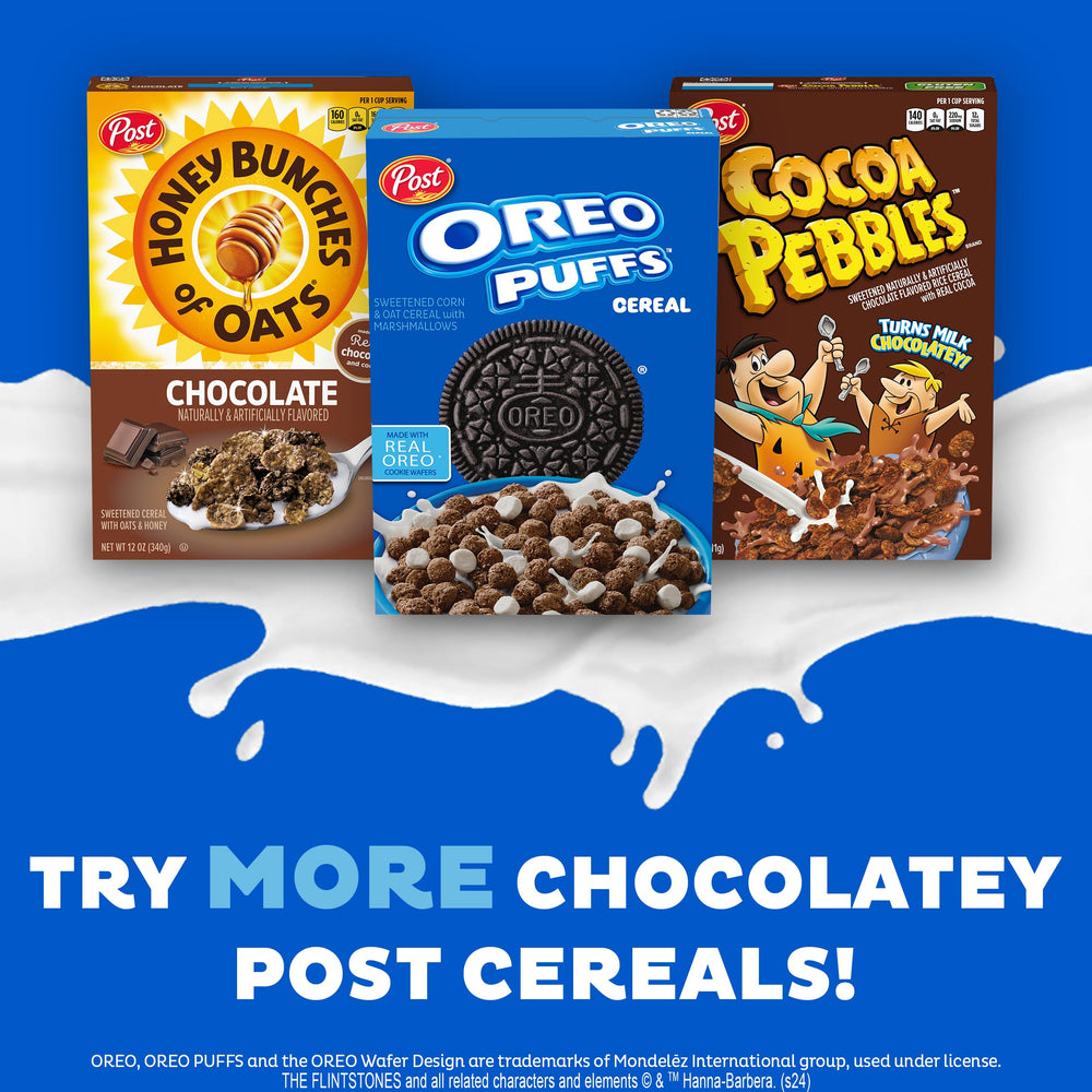 Post OREO PUFFS Cereal being poured with milk for a rich chocolatey moment.