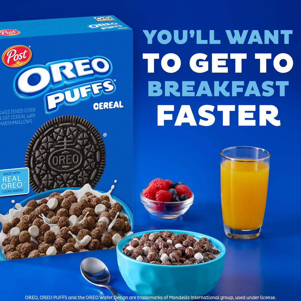 On-the-go snack scene with a grab-and-go Post Oreo Puffs box.