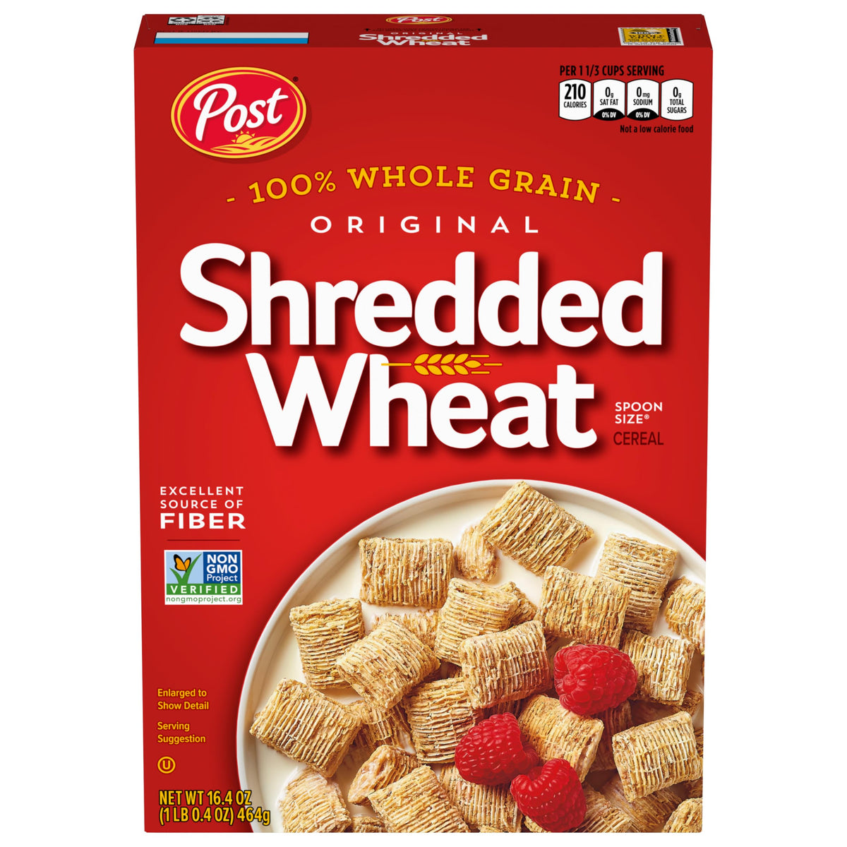 Post Original Shredded Wheat box front shows whole grain cereal