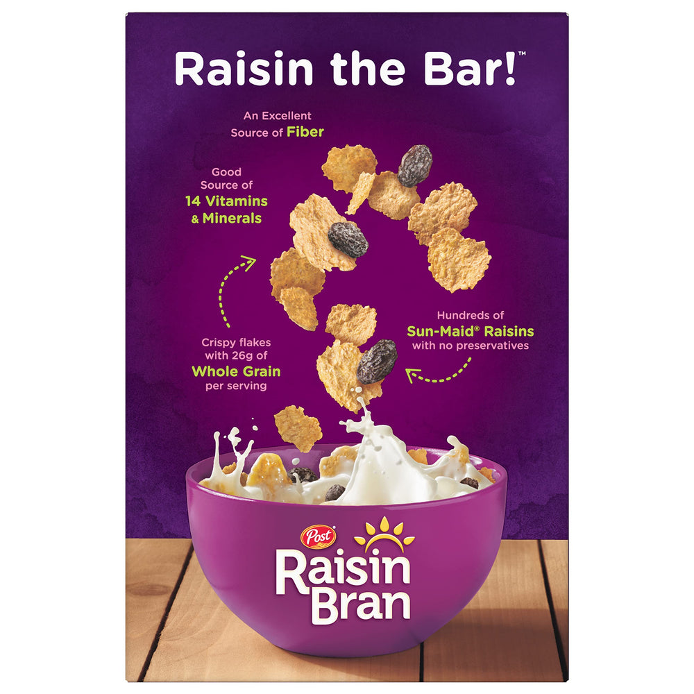 Post Raisin Bran raisins visible for natural sweetness and fruit-based flavor.