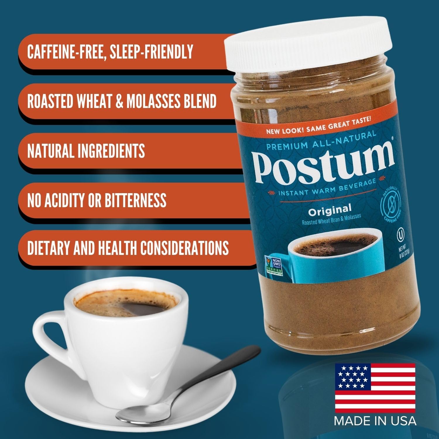 Postum Original ingredients with wheat bran and molasses emphasize natural, simple sourcing.