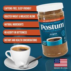 Postum Original ingredients with wheat bran and molasses emphasize natural, simple sourcing.