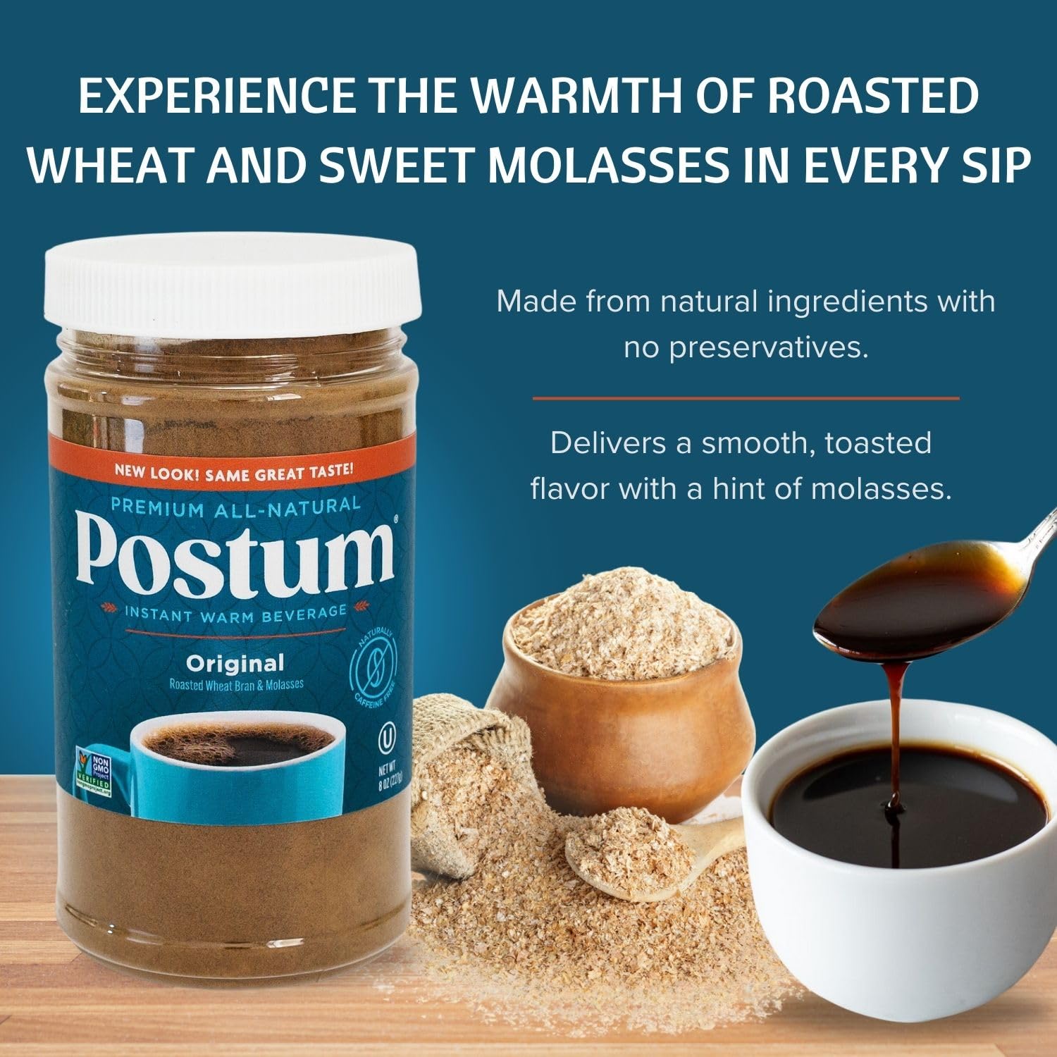 Postum Original spoon-dissolve demonstrates easy preparation for a smooth, rich cup.