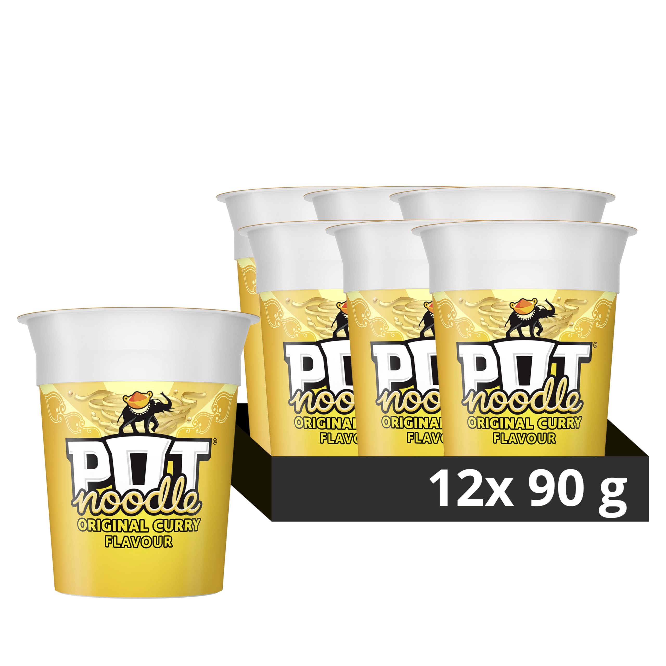 Pot Noodle Original Curry 12-pack box, showcasing convenient value for busy days.
