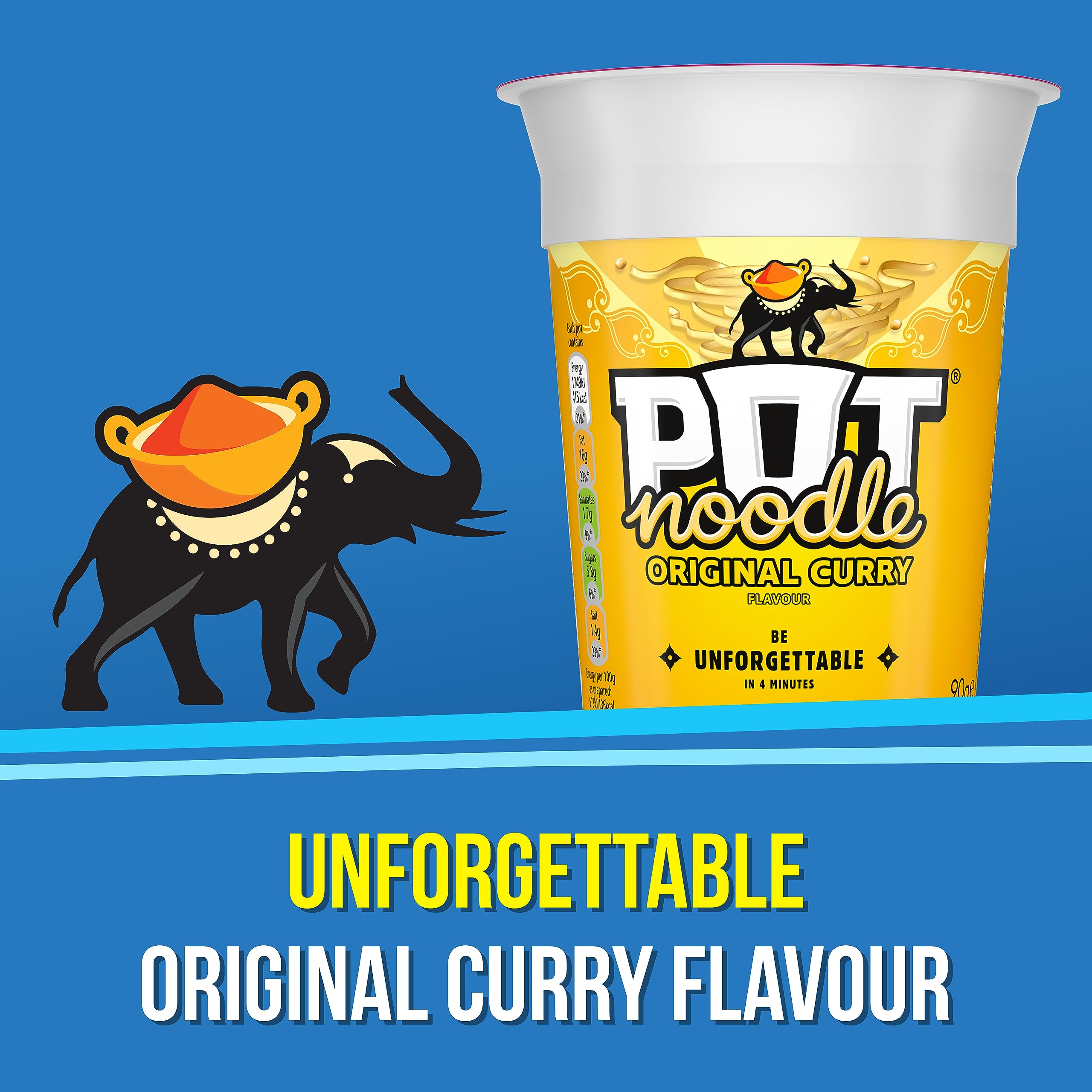 Pot Noodle Original Curry ready-to-eat bowl steaming, ideal for quick meals.
