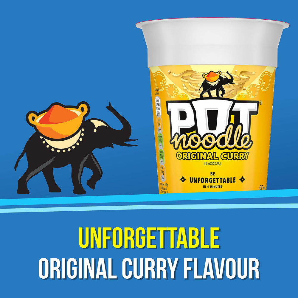 Pot Noodle Original Curry ready-to-eat bowl steaming, ideal for quick meals.
