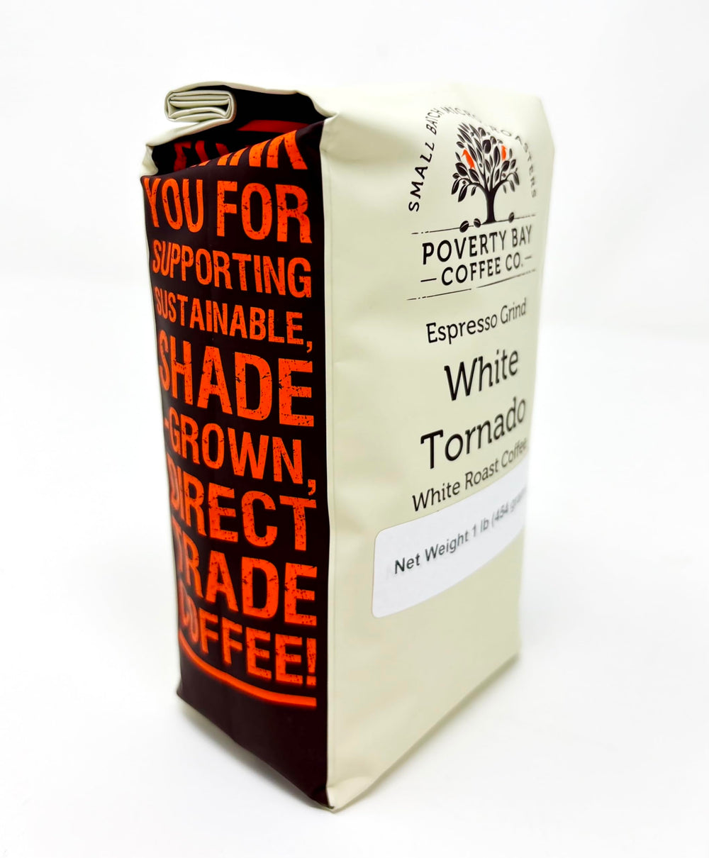 Poverty Bay White Coffee bag storage demonstrates resealable freshness for home use.