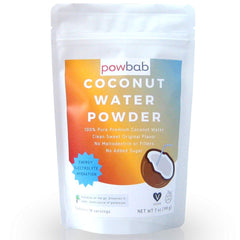 powbab Coconut Water Powder bottle shows pure, unsweetened hydration from organic coconut water