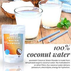 powbab Coconut Water Powder dissolving in water demonstrating instant mix without clumps