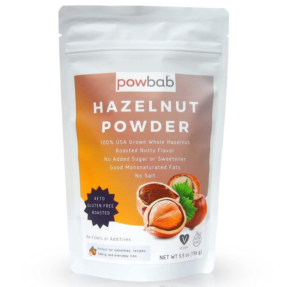 Powbab Hazelnut Powder bottle with rich roasted aroma for gluten-free baking.