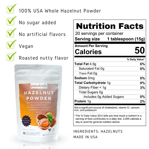 Powbab Hazelnut Powder USA-roasted nuts logo emphasizes local sourcing.
