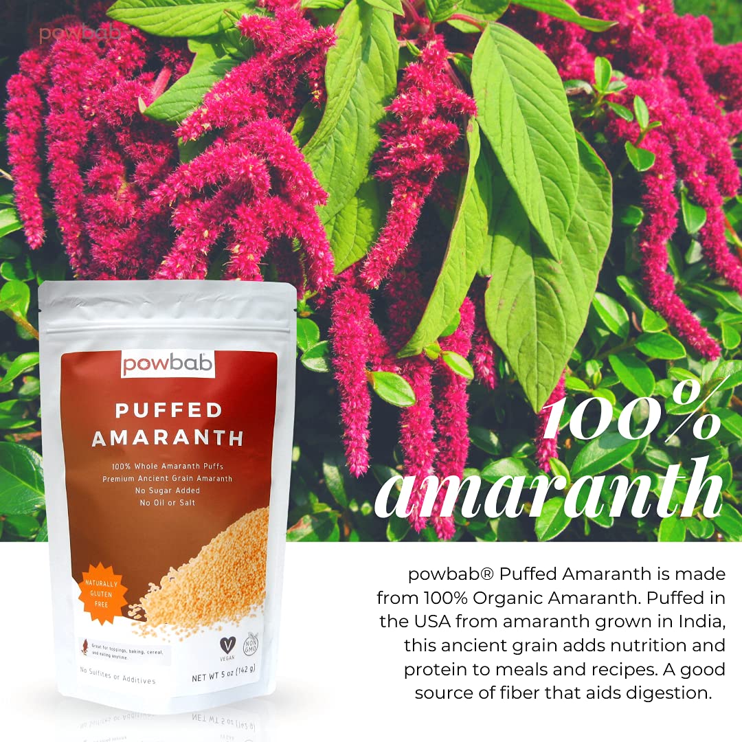 Powbab Puffed Amaranth in a bowl for a gluten-free breakfast cereal.