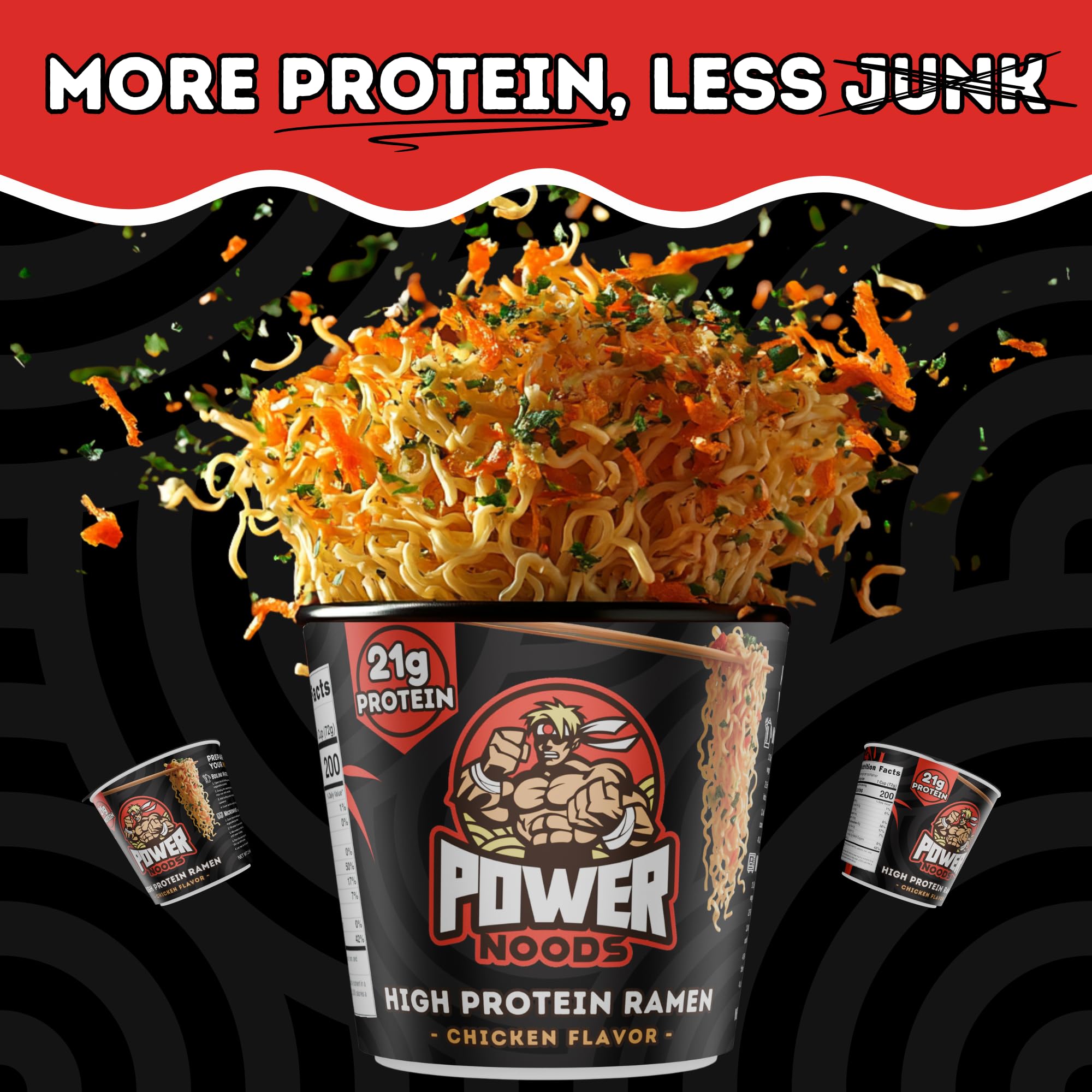 Power Noods 12-pack display supports bulk meal prep.
