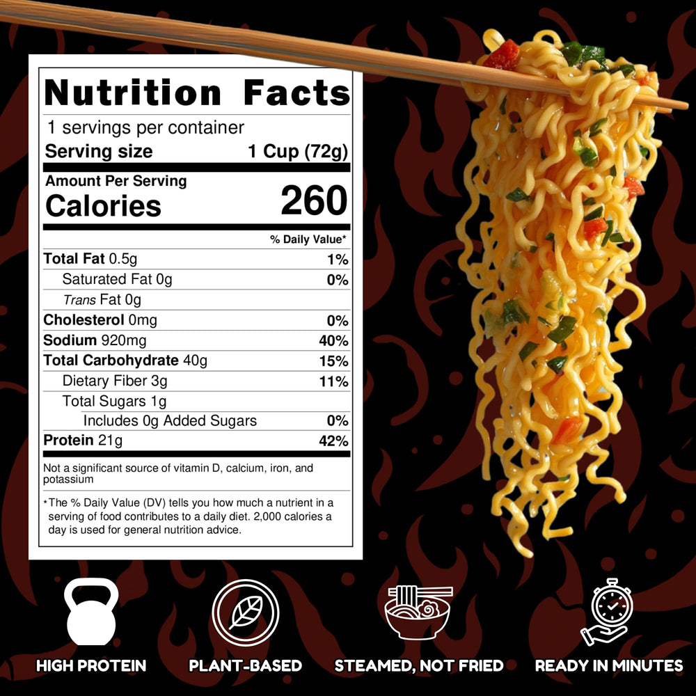 Power Noods hot 'n' spicy broth close-up highlights bold plant-based flavor.