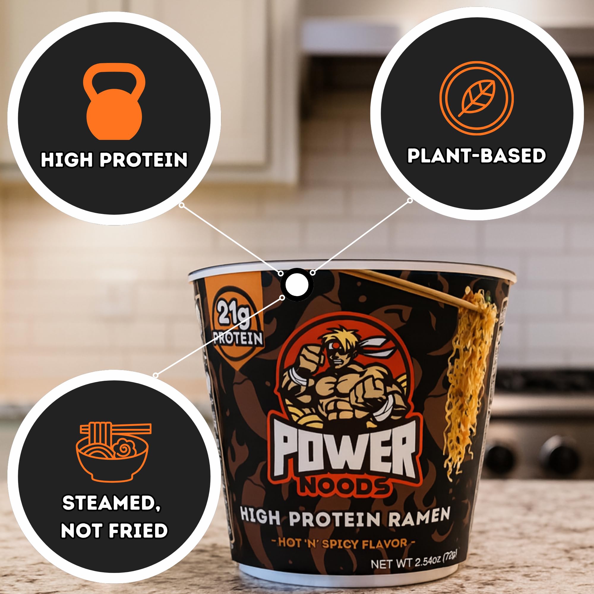 Power Noods plant-based pea protein per cup signals clean, satisfying fuel.