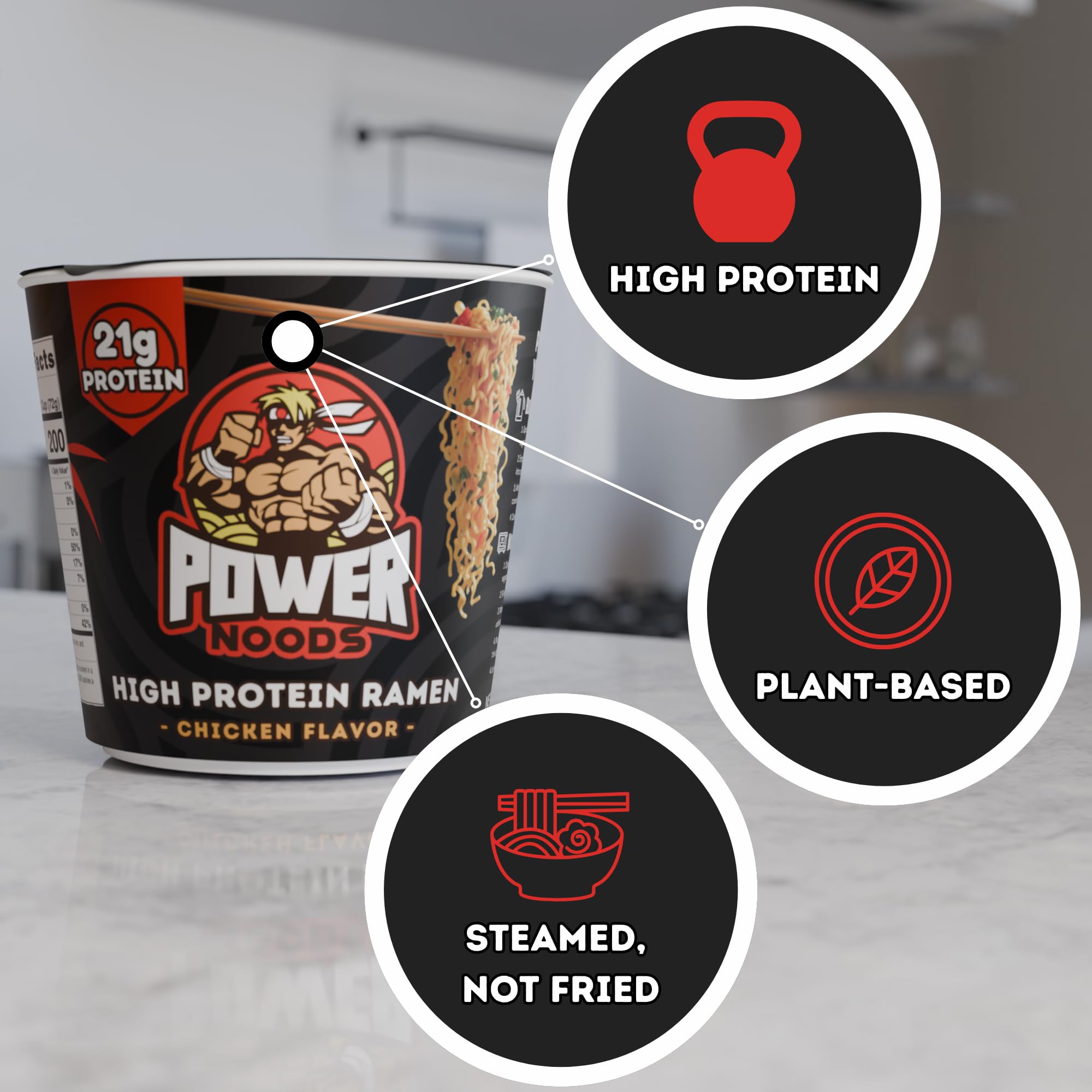 Power Noods broth with dehydrated veggies delivers rich flavor.