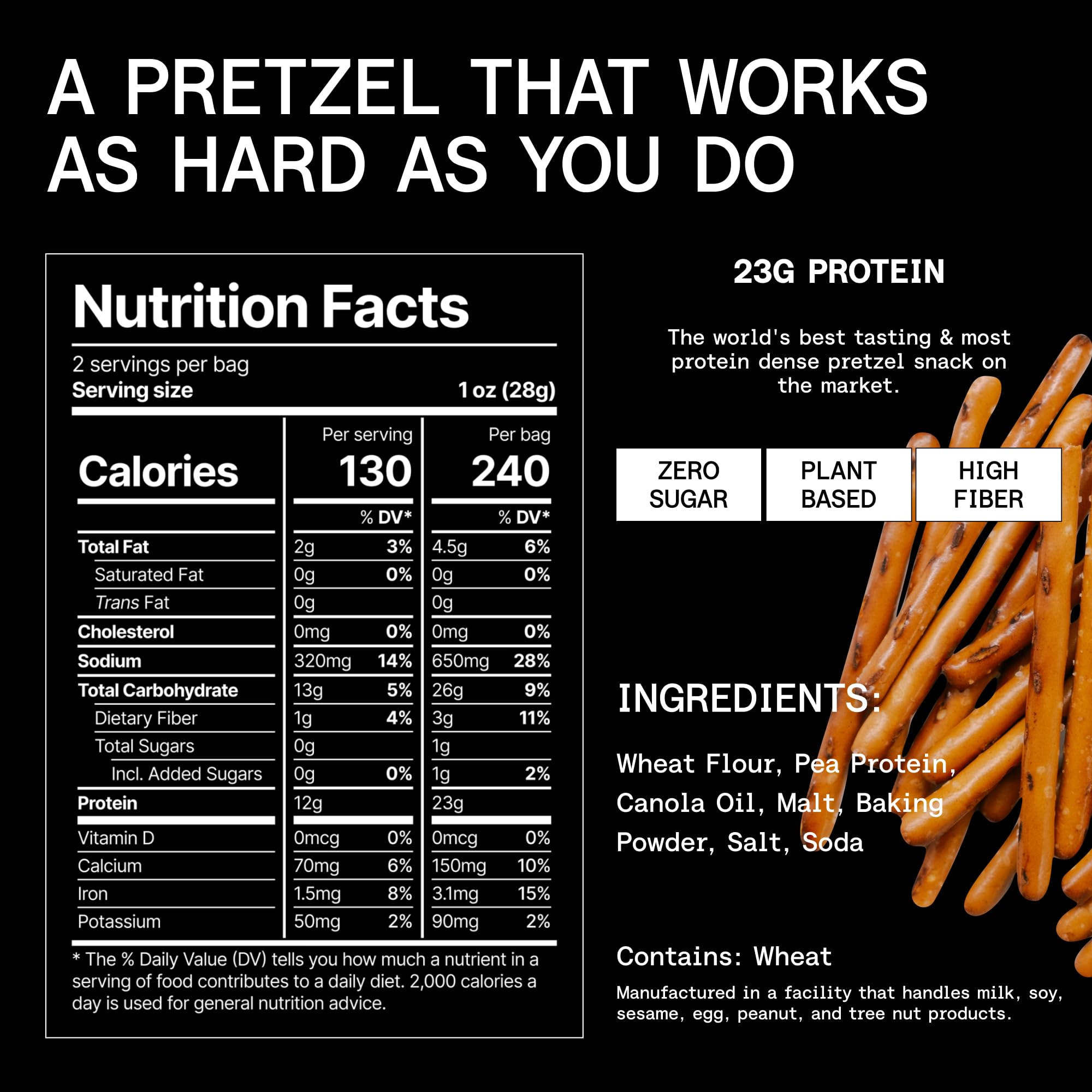 Power Pretzels vegan-friendly ingredients highlight plant-based protein for a clean, convenient snack.