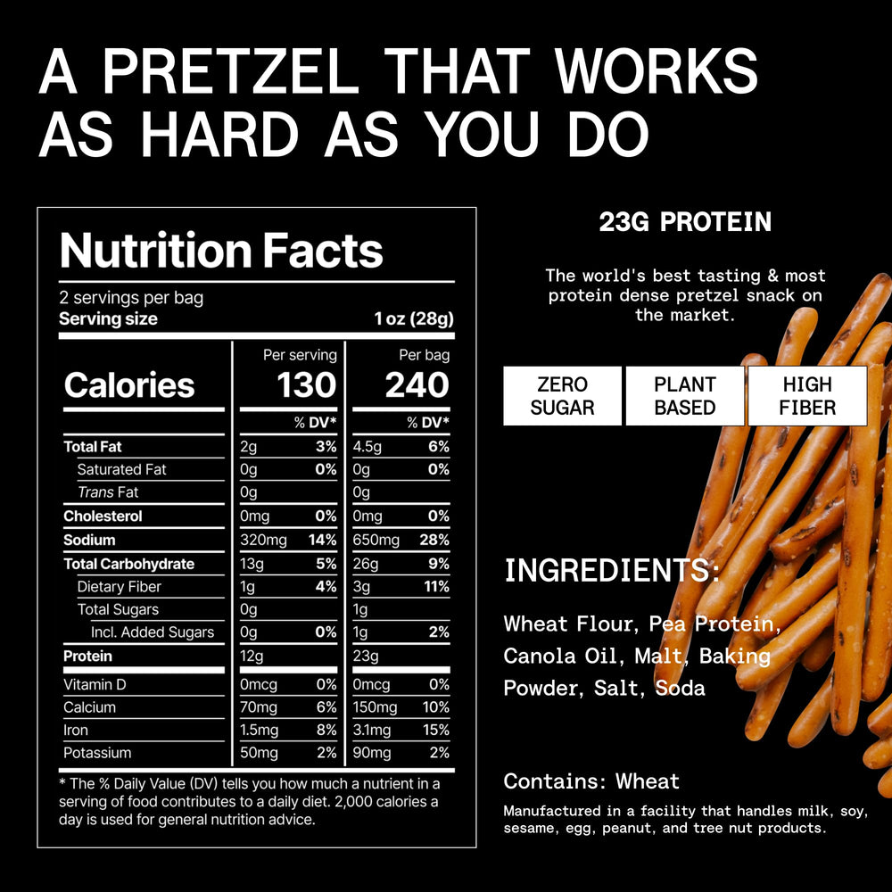Power Pretzels vegan-friendly ingredients highlight plant-based protein for a clean, convenient snack.