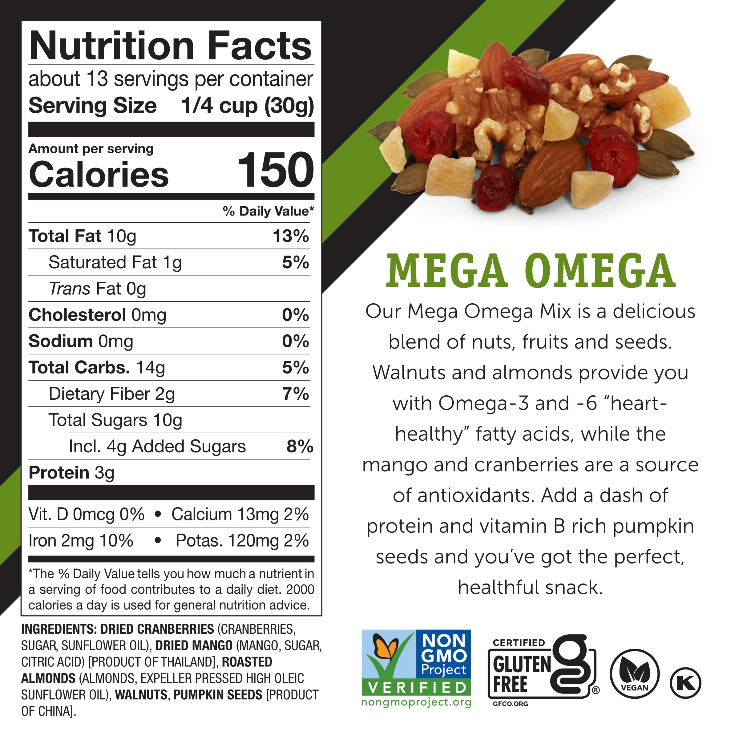 Power Up Mega Omega Trail Mix almonds and walnuts close-up.