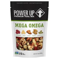 Power Up Mega Omega Trail Mix packaging front ready to energize your day.