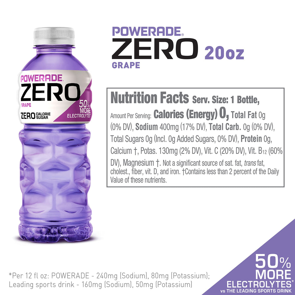 Powerade Electrolyte Zero Sugar grape can in hand for on-the-go hydration