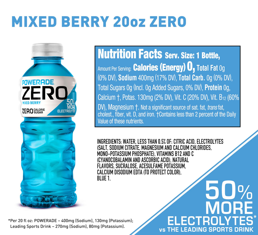Powerade Electrolyte Zero Sugar Mixed Berry pour supports on-the-go hydration.
