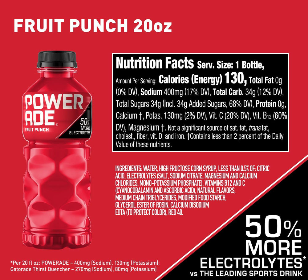 Powerade Fruit Punch 20oz bottle side view with grip-friendly design for workouts.