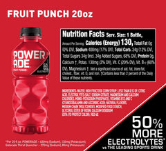 Powerade Fruit Punch 20oz bottle side view with grip-friendly design for workouts.