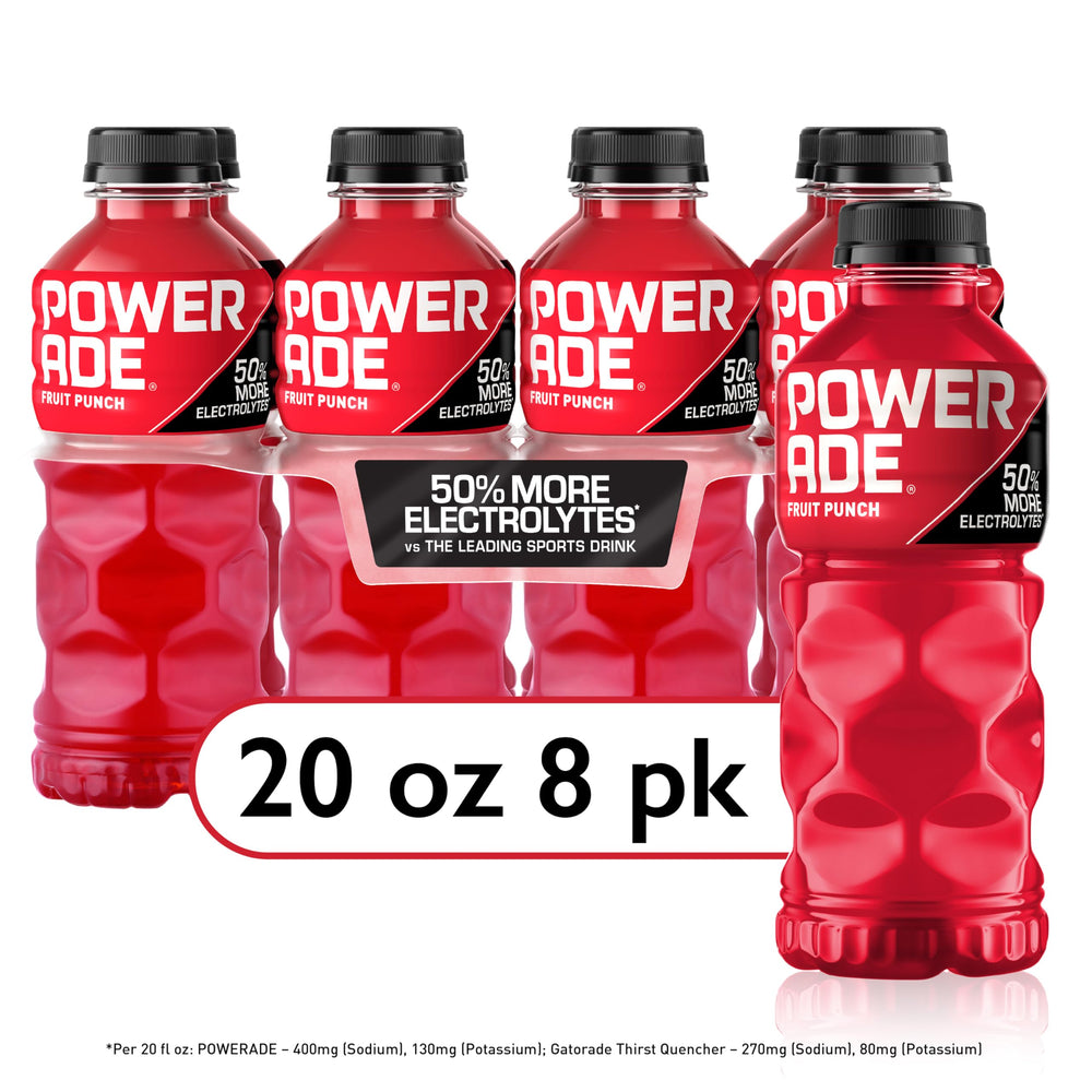 Powerade Fruit Punch 8-pack on display for convenient training hydration.