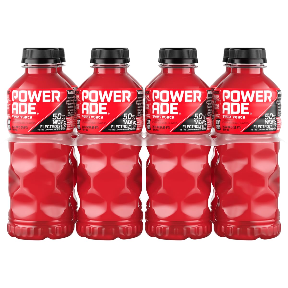 Powerade Fruit Punch bottle branding with bold colors for quick selection.