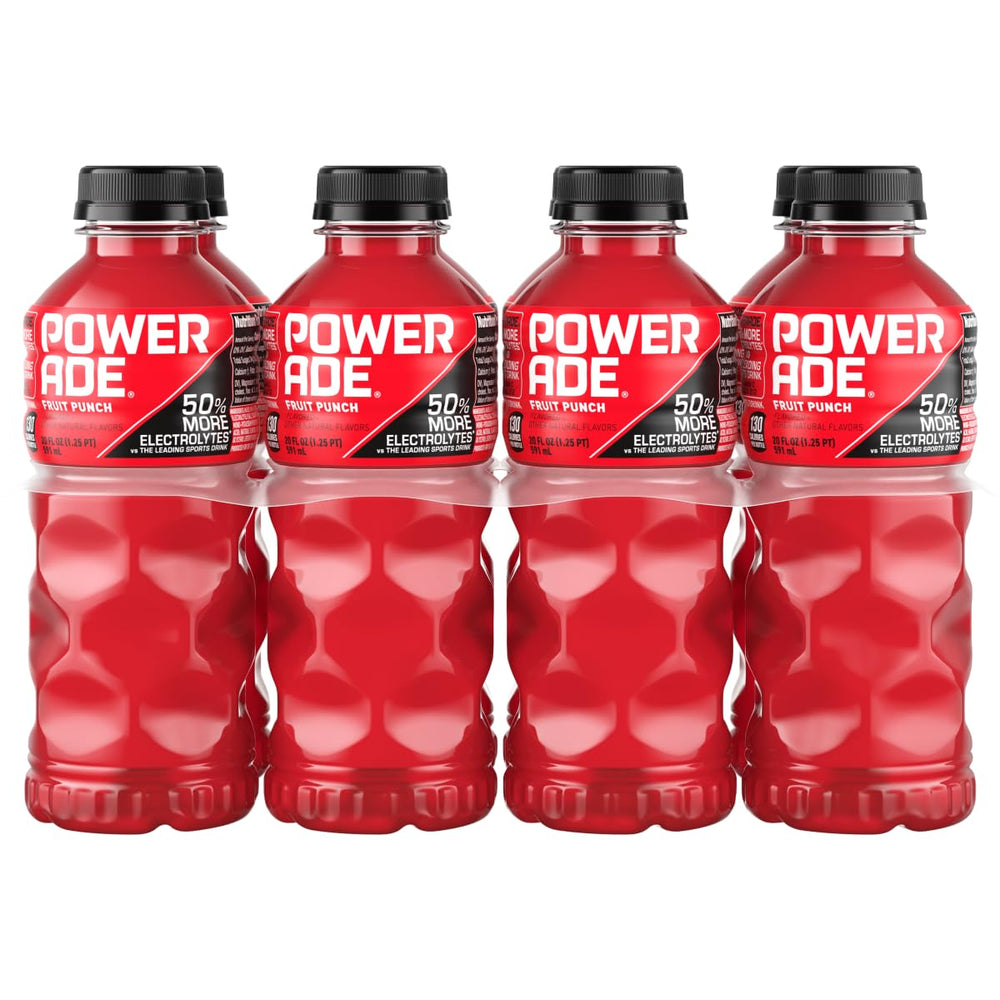 Powerade Fruit Punch bottle branding with bold colors for quick selection.