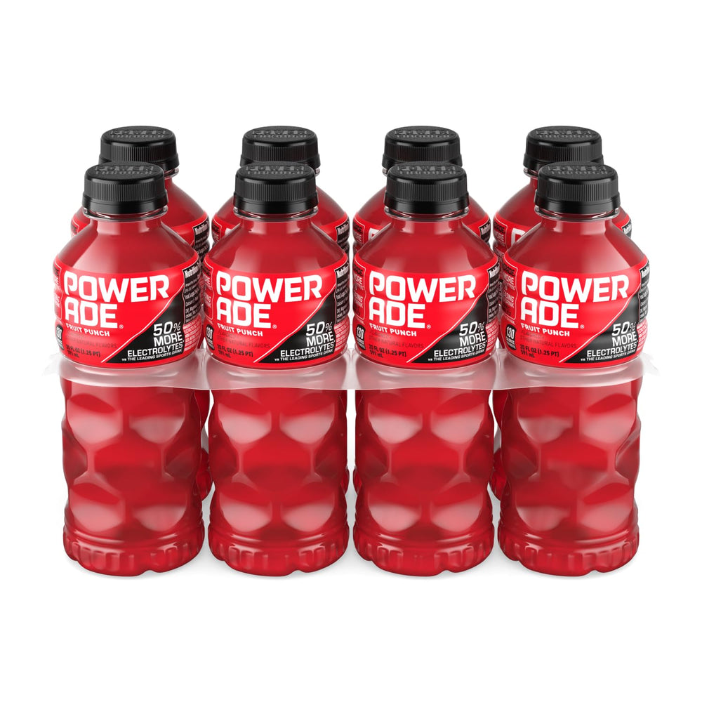 Powerade Fruit Punch bottle nutrition panel showing electrolytes at a glance.