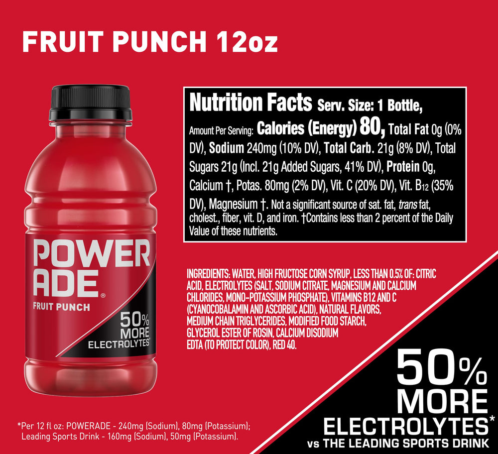 Powerade Fruit Punch bottle side view, electrolytes for training sessions.