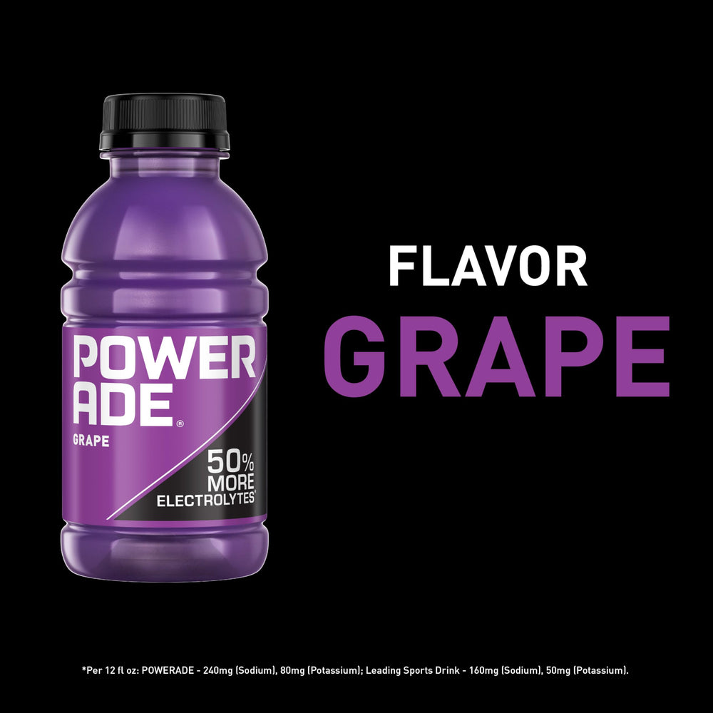 Powerade Grape bottle on gym shelf ready for post-workout hydration.
